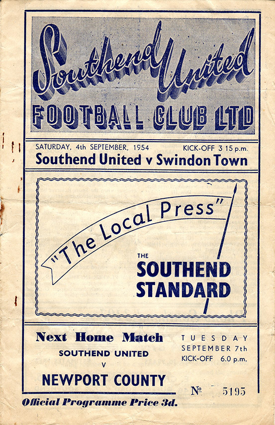 <b>Saturday, September 4, 1954</b><br />vs. Southend United (Away)